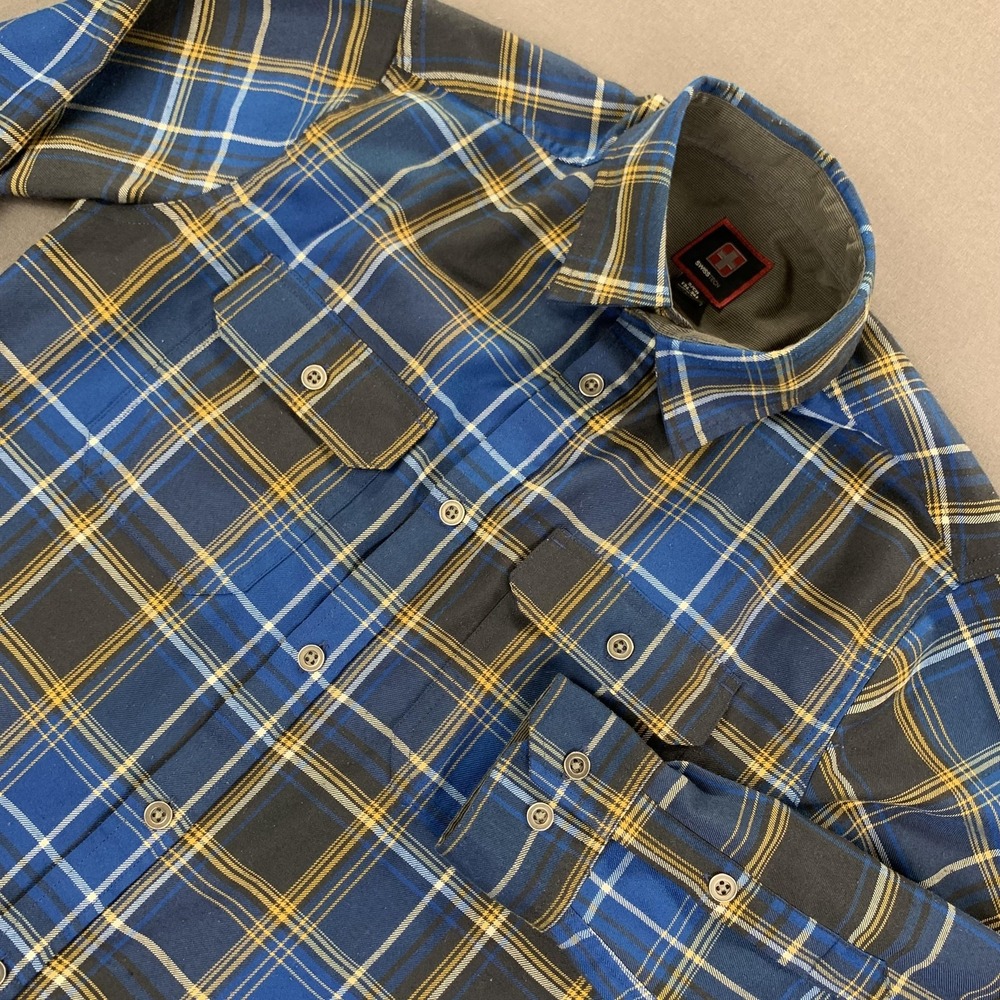 SwissTech Shirt Men SM Blue Yellow Tartan Plaid Stretch Button Front Long Sleeve